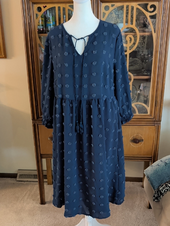 BloomChic Dresses & Skirts - BloomChic Navy Blue Textured Tie-Neck Midi Dress